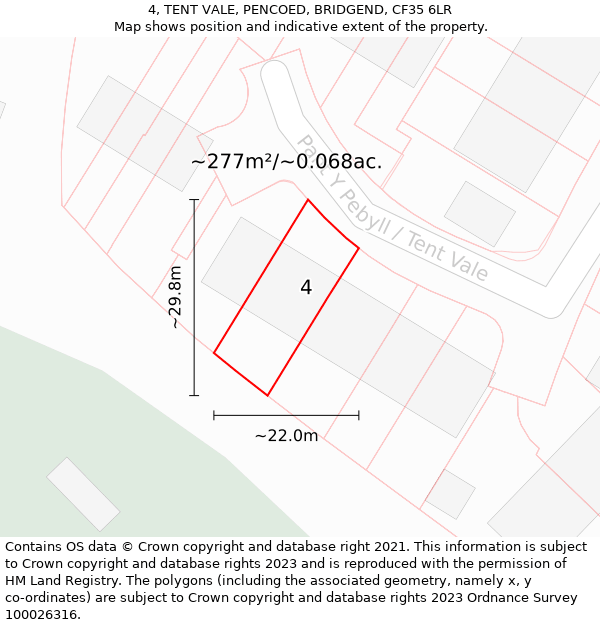 4, TENT VALE, PENCOED, BRIDGEND, CF35 6LR: Plot and title map