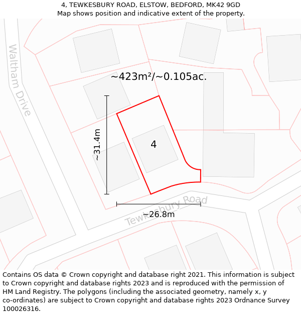4, TEWKESBURY ROAD, ELSTOW, BEDFORD, MK42 9GD: Plot and title map