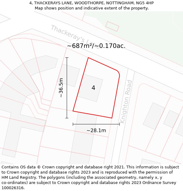 4, THACKERAYS LANE, WOODTHORPE, NOTTINGHAM, NG5 4HP: Plot and title map