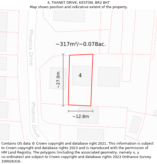 4, THANET DRIVE, KESTON, BR2 8HT: Plot and title map