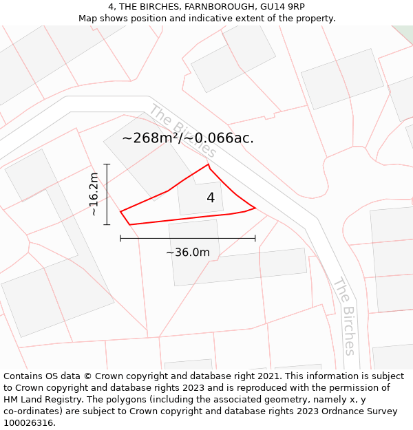 4, THE BIRCHES, FARNBOROUGH, GU14 9RP: Plot and title map