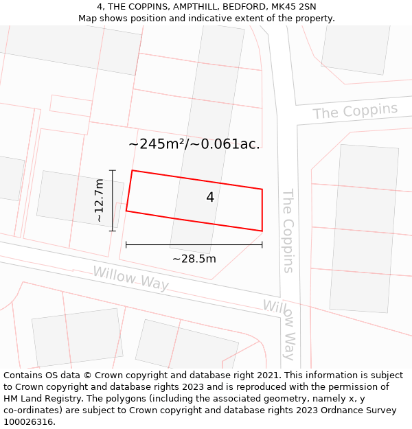 4, THE COPPINS, AMPTHILL, BEDFORD, MK45 2SN: Plot and title map