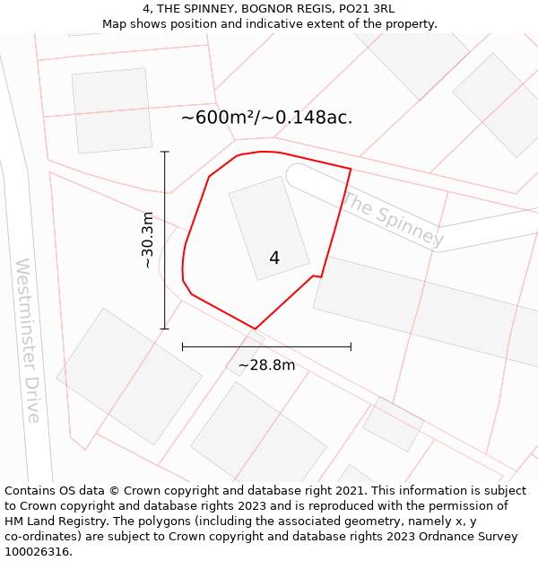 4, THE SPINNEY, BOGNOR REGIS, PO21 3RL: Plot and title map