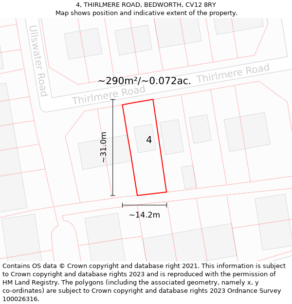 4, THIRLMERE ROAD, BEDWORTH, CV12 8RY: Plot and title map