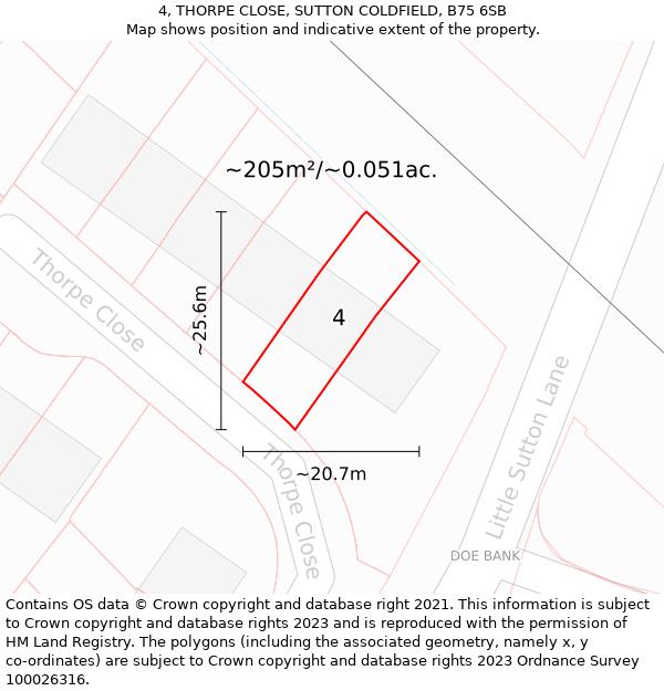 4, THORPE CLOSE, SUTTON COLDFIELD, B75 6SB: Plot and title map