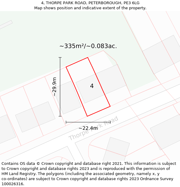 4, THORPE PARK ROAD, PETERBOROUGH, PE3 6LG: Plot and title map