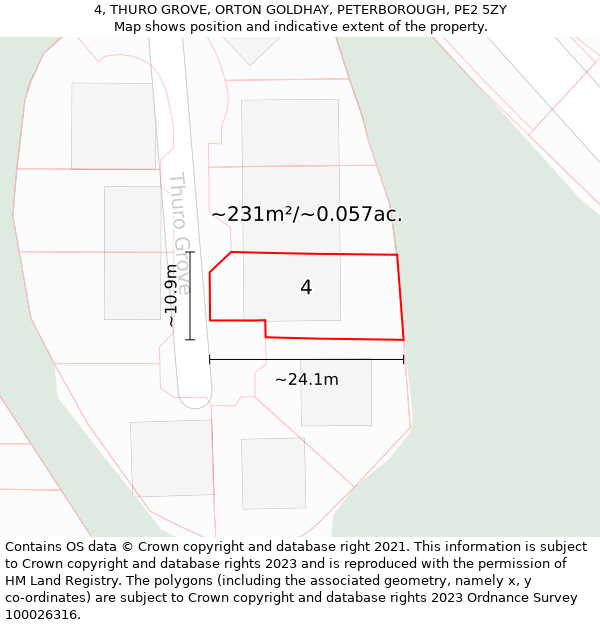 4, THURO GROVE, ORTON GOLDHAY, PETERBOROUGH, PE2 5ZY: Plot and title map