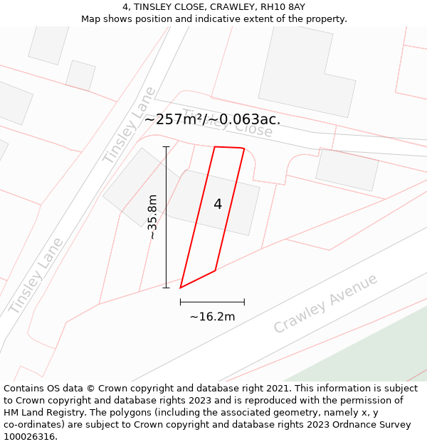 4, TINSLEY CLOSE, CRAWLEY, RH10 8AY: Plot and title map