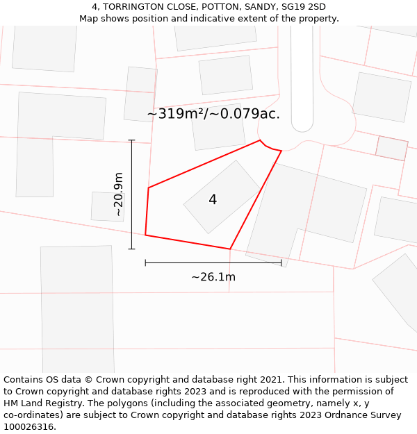 4, TORRINGTON CLOSE, POTTON, SANDY, SG19 2SD: Plot and title map