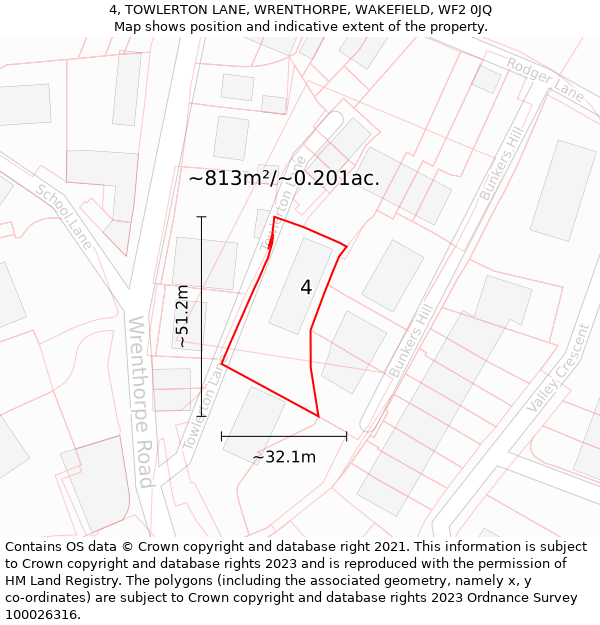 4, TOWLERTON LANE, WRENTHORPE, WAKEFIELD, WF2 0JQ: Plot and title map