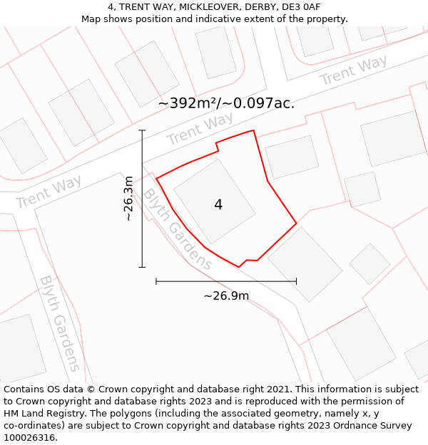 4, TRENT WAY, MICKLEOVER, DERBY, DE3 0AF: Plot and title map