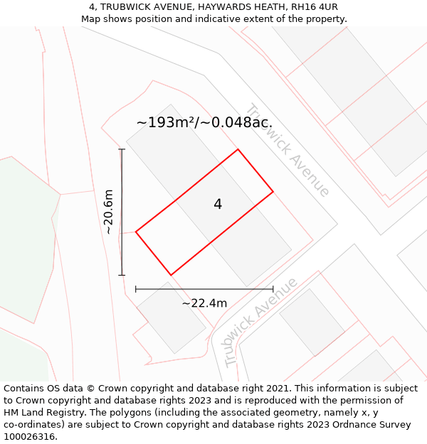 4, TRUBWICK AVENUE, HAYWARDS HEATH, RH16 4UR: Plot and title map