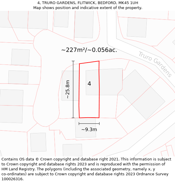 4, TRURO GARDENS, FLITWICK, BEDFORD, MK45 1UH: Plot and title map