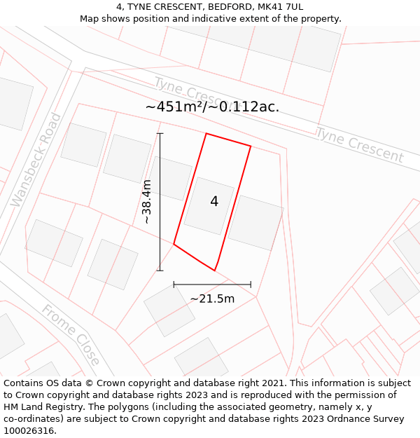 4, TYNE CRESCENT, BEDFORD, MK41 7UL: Plot and title map