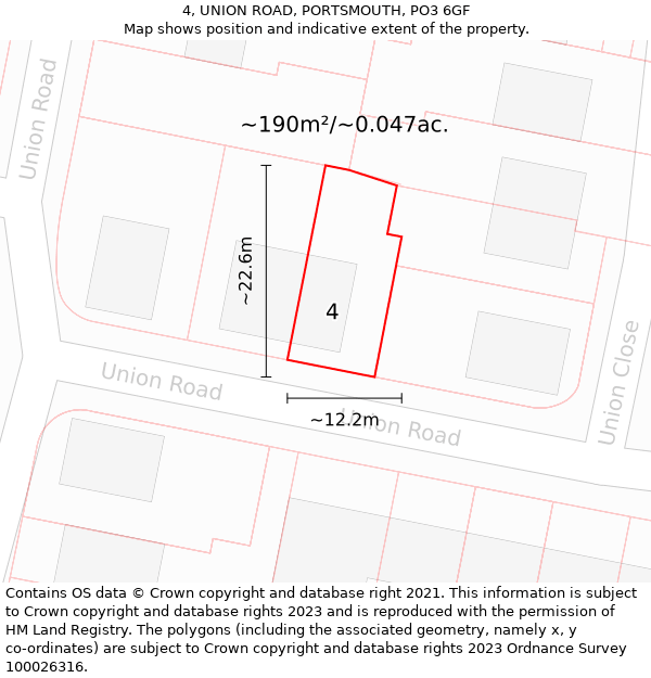 4, UNION ROAD, PORTSMOUTH, PO3 6GF: Plot and title map