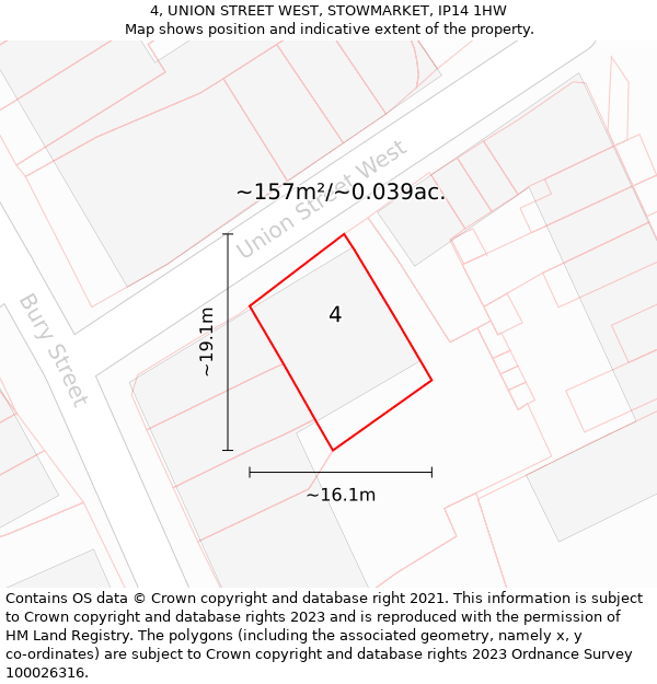 4, UNION STREET WEST, STOWMARKET, IP14 1HW: Plot and title map