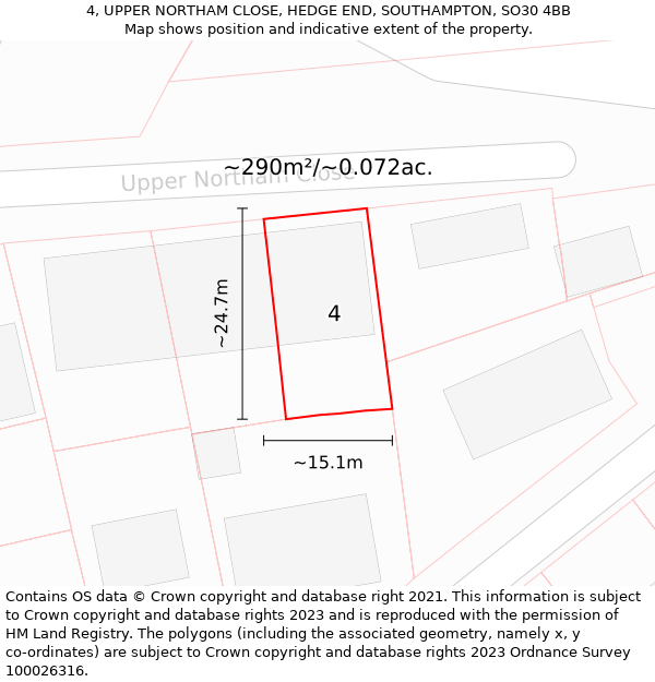 4, UPPER NORTHAM CLOSE, HEDGE END, SOUTHAMPTON, SO30 4BB: Plot and title map