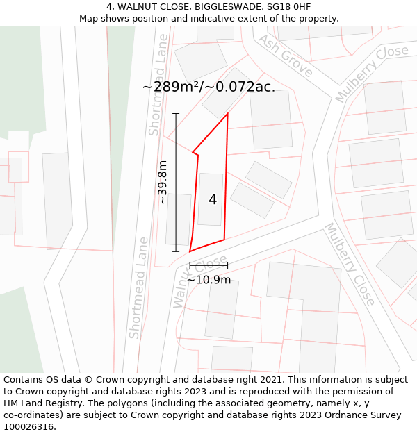 4, WALNUT CLOSE, BIGGLESWADE, SG18 0HF: Plot and title map