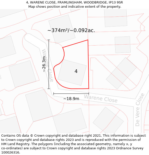 4, WARENE CLOSE, FRAMLINGHAM, WOODBRIDGE, IP13 9SR: Plot and title map