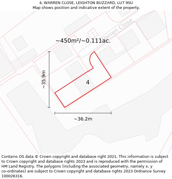 4, WARREN CLOSE, LEIGHTON BUZZARD, LU7 9SU: Plot and title map