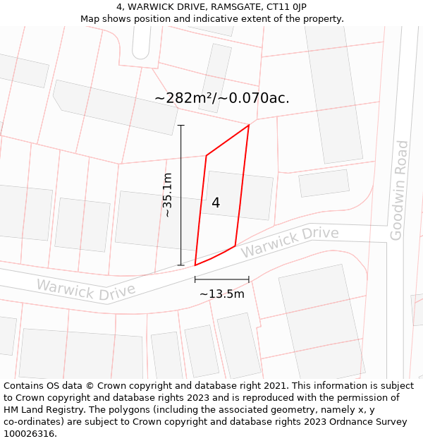 4, WARWICK DRIVE, RAMSGATE, CT11 0JP: Plot and title map