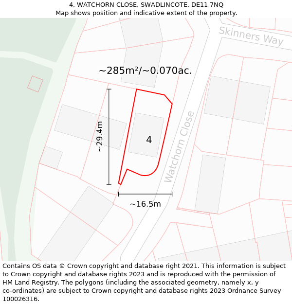 4, WATCHORN CLOSE, SWADLINCOTE, DE11 7NQ: Plot and title map