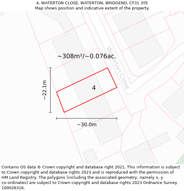 4, WATERTON CLOSE, WATERTON, BRIDGEND, CF31 3YE: Plot and title map