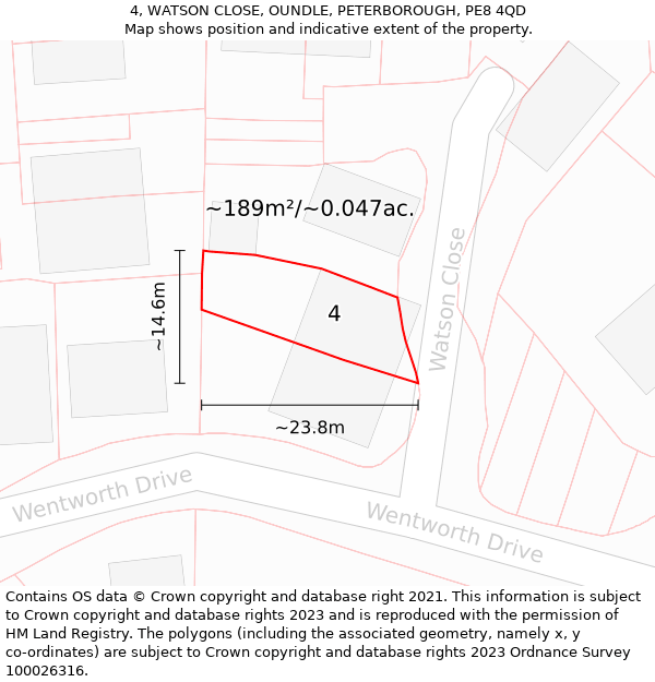 4, WATSON CLOSE, OUNDLE, PETERBOROUGH, PE8 4QD: Plot and title map