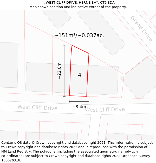 4, WEST CLIFF DRIVE, HERNE BAY, CT6 8DA: Plot and title map