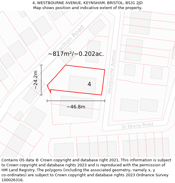 4, WESTBOURNE AVENUE, KEYNSHAM, BRISTOL, BS31 2JD: Plot and title map