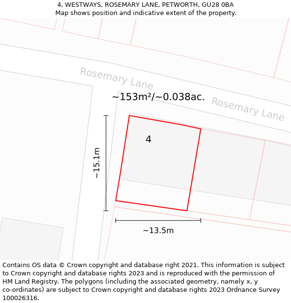 4, WESTWAYS, ROSEMARY LANE, PETWORTH, GU28 0BA: Plot and title map