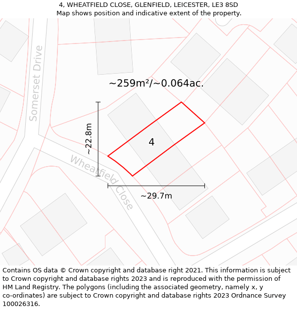 4, WHEATFIELD CLOSE, GLENFIELD, LEICESTER, LE3 8SD: Plot and title map