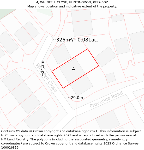 4, WHINFELL CLOSE, HUNTINGDON, PE29 6GZ: Plot and title map