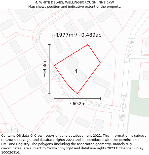 4, WHITE DELVES, WELLINGBOROUGH, NN8 5XW: Plot and title map