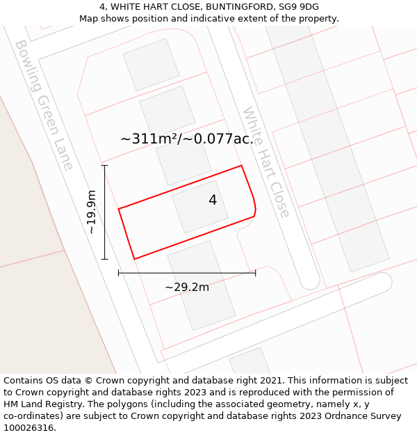 4, WHITE HART CLOSE, BUNTINGFORD, SG9 9DG: Plot and title map