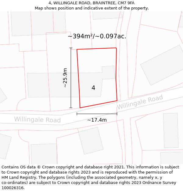 4, WILLINGALE ROAD, BRAINTREE, CM7 9FA: Plot and title map