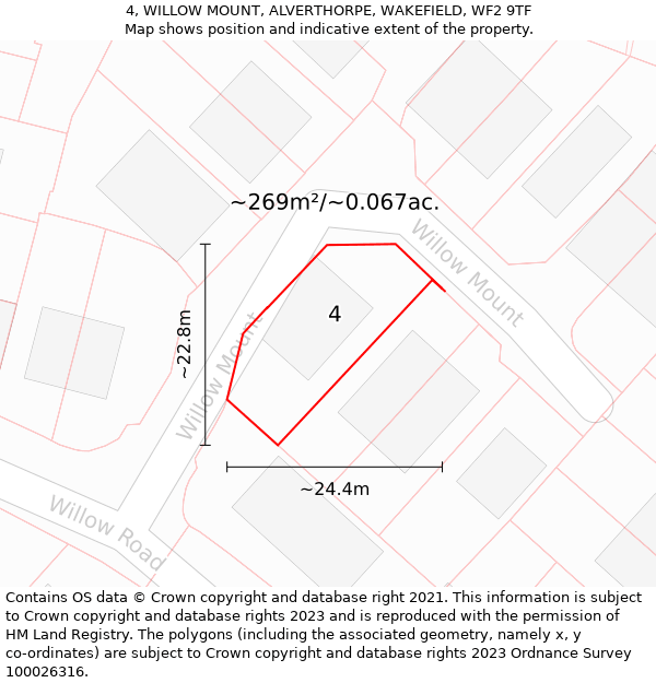 4, WILLOW MOUNT, ALVERTHORPE, WAKEFIELD, WF2 9TF: Plot and title map