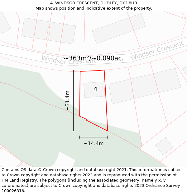 4, WINDSOR CRESCENT, DUDLEY, DY2 8HB: Plot and title map