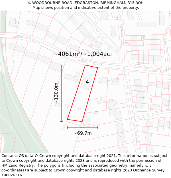 4, WOODBOURNE ROAD, EDGBASTON, BIRMINGHAM, B15 3QH: Plot and title map