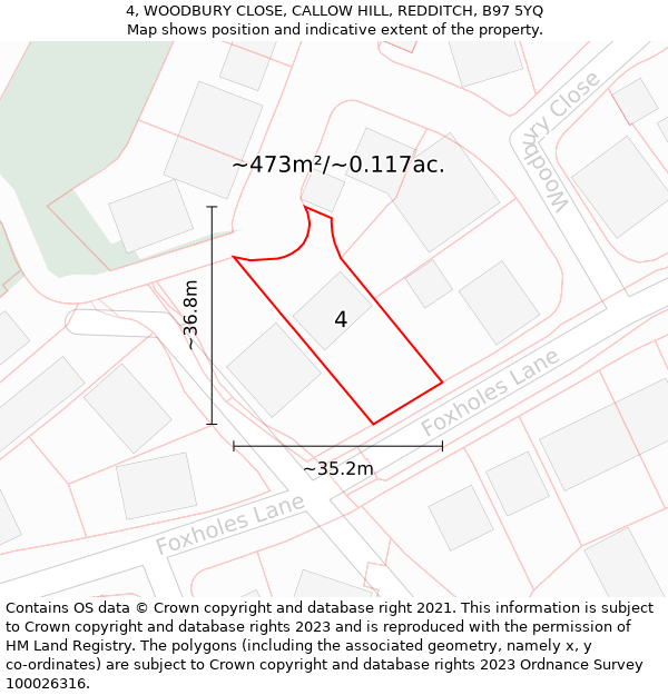 4, WOODBURY CLOSE, CALLOW HILL, REDDITCH, B97 5YQ: Plot and title map