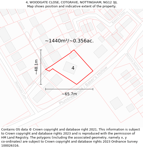 4, WOODGATE CLOSE, COTGRAVE, NOTTINGHAM, NG12 3JL: Plot and title map