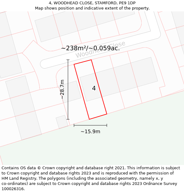 4, WOODHEAD CLOSE, STAMFORD, PE9 1DP: Plot and title map