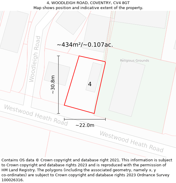 4, WOODLEIGH ROAD, COVENTRY, CV4 8GT: Plot and title map