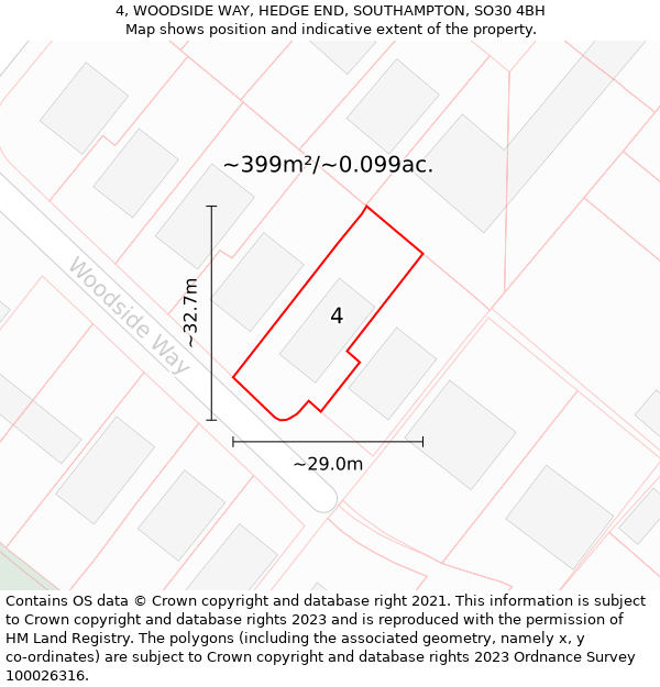 4, WOODSIDE WAY, HEDGE END, SOUTHAMPTON, SO30 4BH: Plot and title map