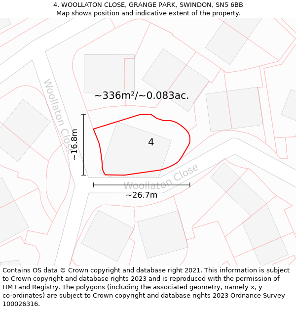 4, WOOLLATON CLOSE, GRANGE PARK, SWINDON, SN5 6BB: Plot and title map