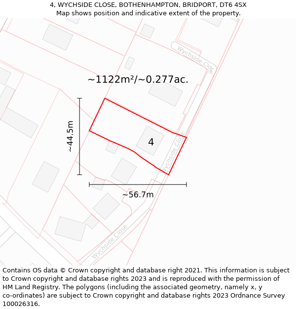 4, WYCHSIDE CLOSE, BOTHENHAMPTON, BRIDPORT, DT6 4SX: Plot and title map