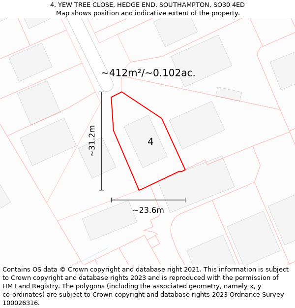4, YEW TREE CLOSE, HEDGE END, SOUTHAMPTON, SO30 4ED: Plot and title map