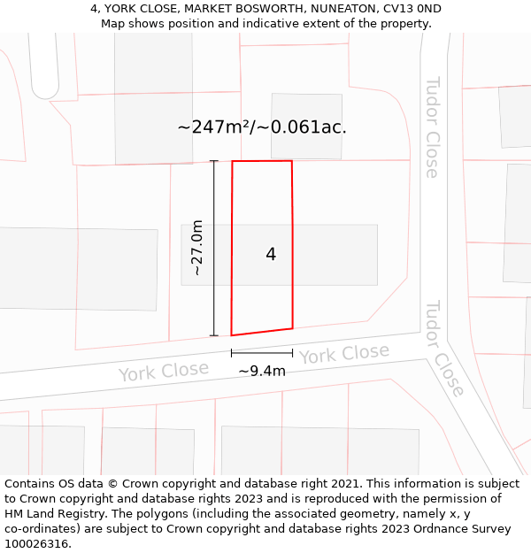 4, YORK CLOSE, MARKET BOSWORTH, NUNEATON, CV13 0ND: Plot and title map