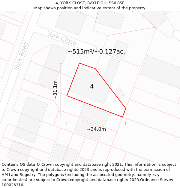 4, YORK CLOSE, RAYLEIGH, SS6 8SE: Plot and title map