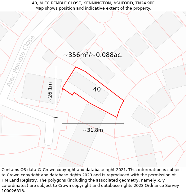 40, ALEC PEMBLE CLOSE, KENNINGTON, ASHFORD, TN24 9PF: Plot and title map